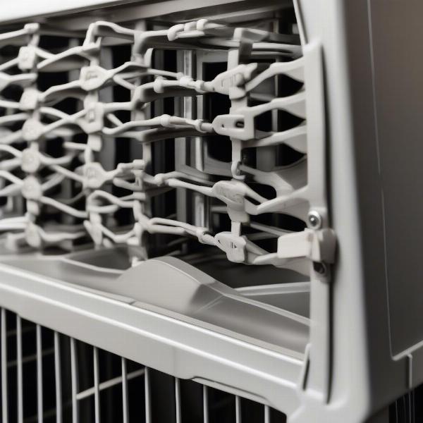 Close up of rolling dog crate features like wheels and latches