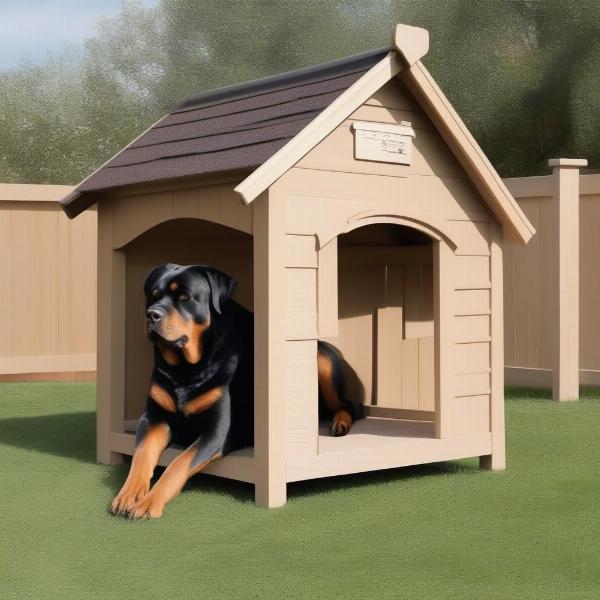 Rottweiler in a spacious dog house, demonstrating adequate space for standing, turning, and lying down.