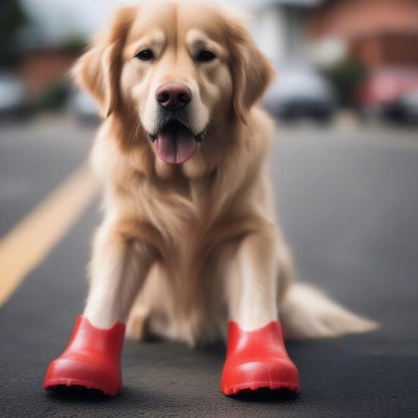 Dog wearing rubber shoes on a hot pavement