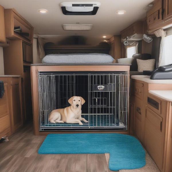 Portable dog crate in an RV