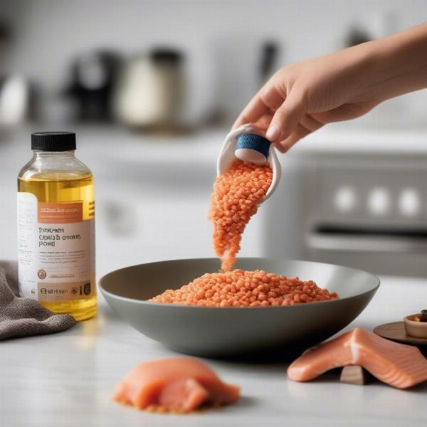 Pouring salmon oil onto dog food