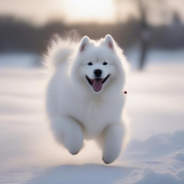 Samoyed dog playing in the snow