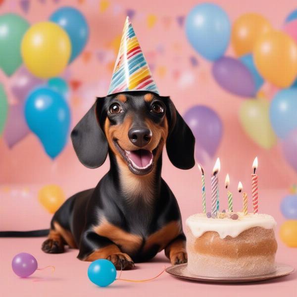 Sausage dog celebrating its birthday with a party hat and cake.