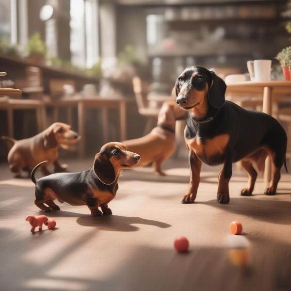 Playful Dachshunds at a Cafe