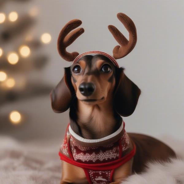 Sausage dog dressed as a reindeer