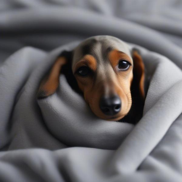 Sausage dog snuggled in a soft blanket