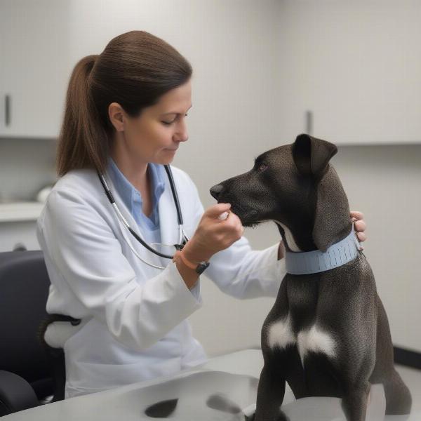 A veterinarian examining a dog wearing a Scalibor collar