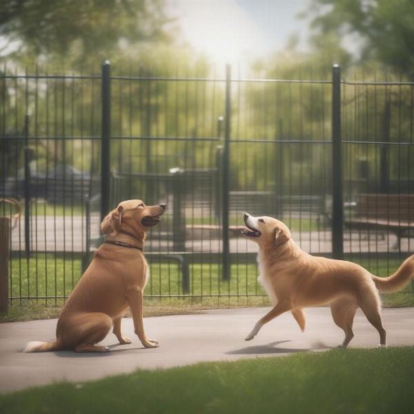 Two dogs interacting and playing together in a fenced urban dog park