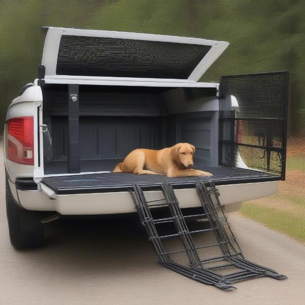 Securing a dog crate in a truck bed using tie-down straps