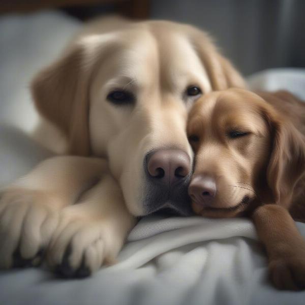 A senior dog cuddling with a giant soft toy.