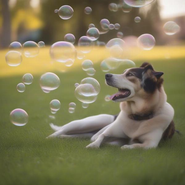 Senior dog enjoying bubbles