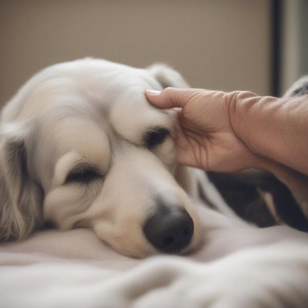 Senior dog being comforted by its owner while wearing a diaper