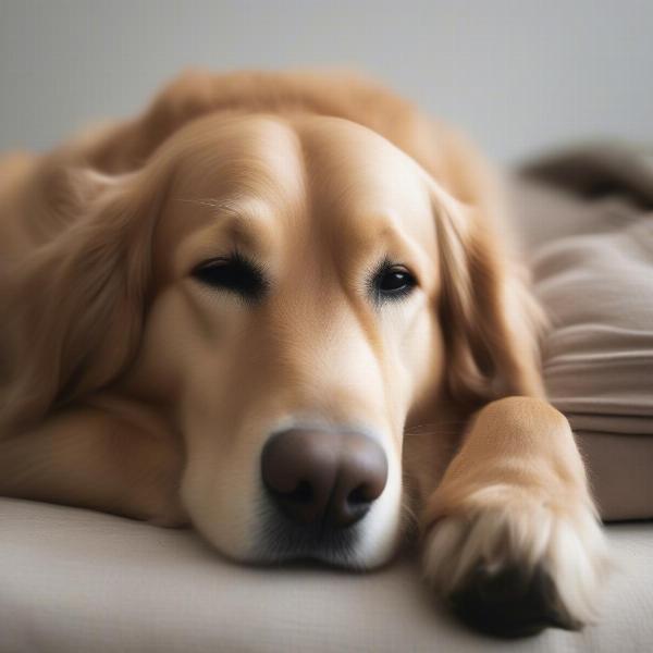 An older dog comfortably resting on a bolster bed