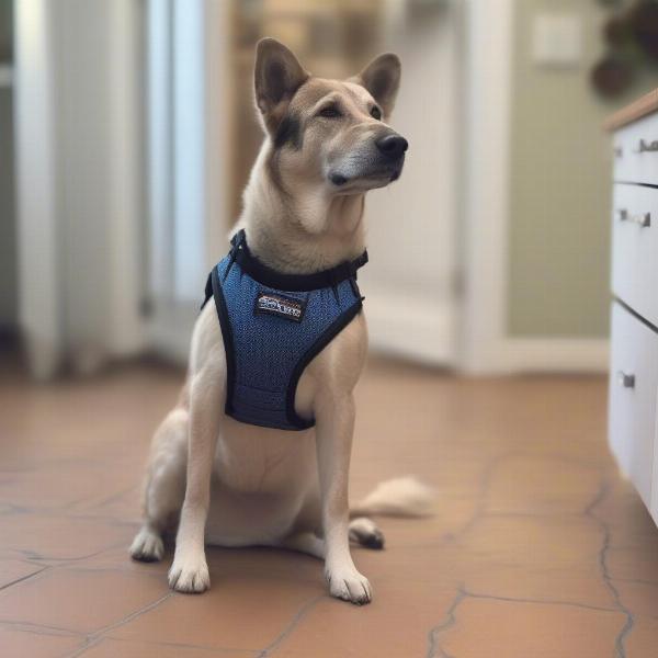 Senior dog with a harness and shoes