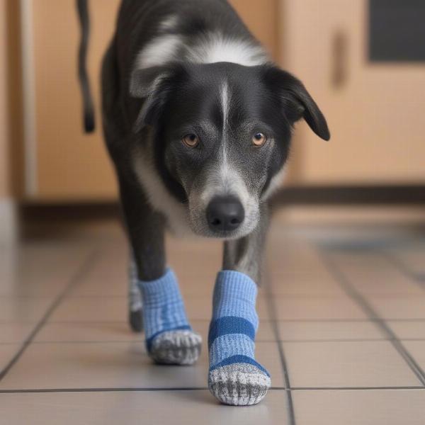 Senior dog with mobility issues wearing non-skid socks