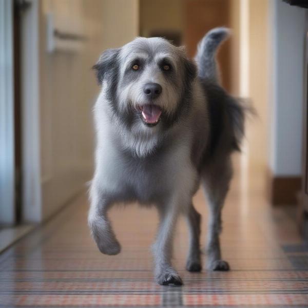 Senior dog with grip socks navigating tile floor