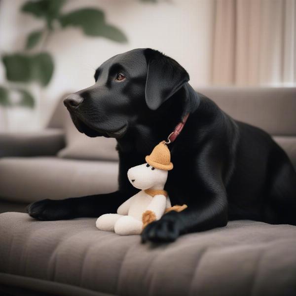 Older Labrador gently playing with a soft plush toy