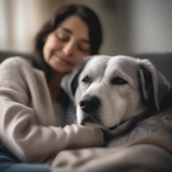 Senior rescued dog cuddling with its owner on a couch