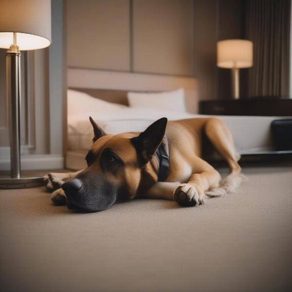 A service dog resting in a hotel room