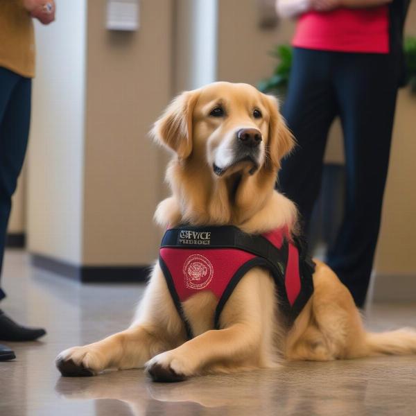 Service dog wearing a vest in a hotel lobby