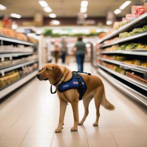 Service dog accompanying handler in a public space like a grocery store