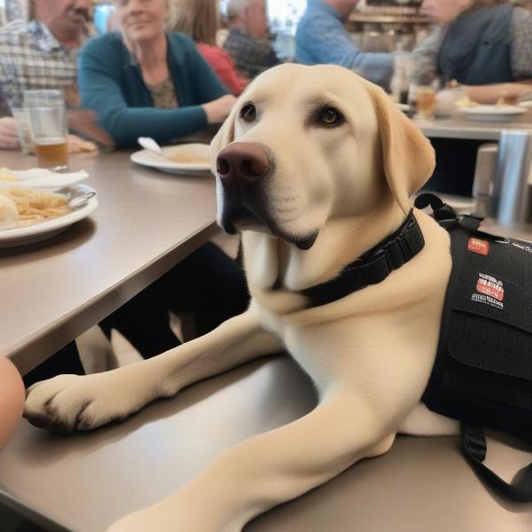 Service dog behaving properly in a restaurant in Ontario