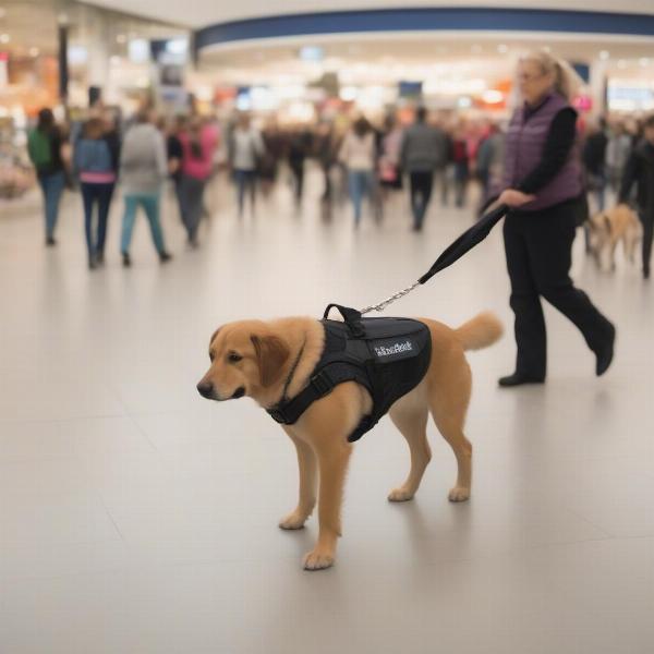 Service dog on a leash in a public place