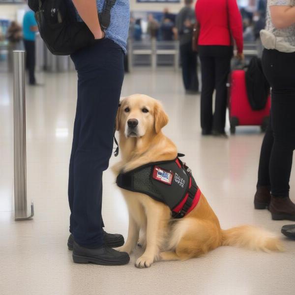 Service dog wearing a vest in a public space