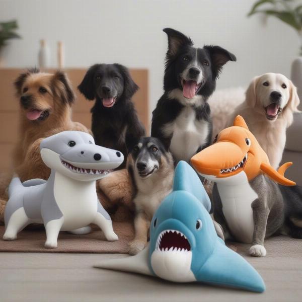 Dogs Playing with Shark Dog Plush Toys