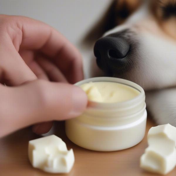 Applying shea butter to dog paws