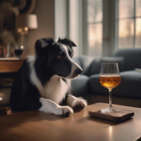 Sheep dog looking curiously at a whiskey glass