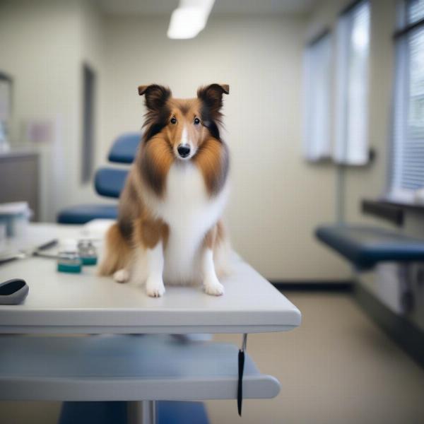 Sheltie dog at a vet clinic in Ontario