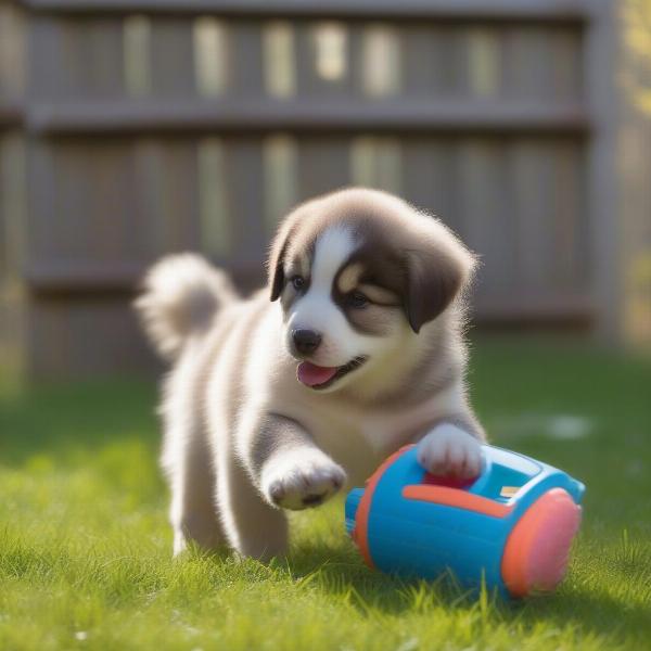 Siberian Mountain Dog playing in a fenced yard