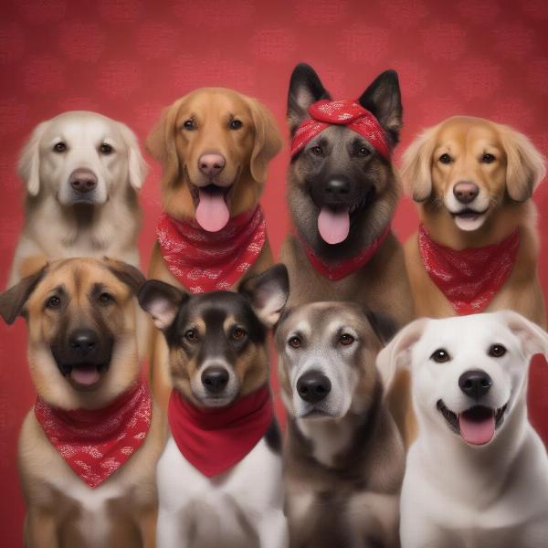 Six dogs wearing matching bandanas