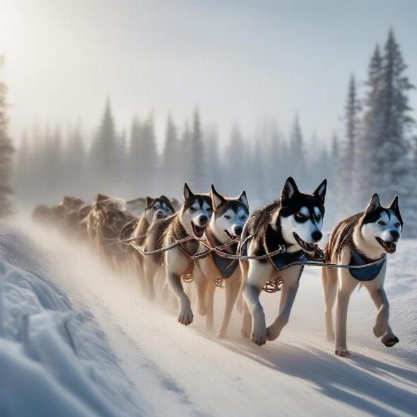 Sled dog team running through snowy landscape