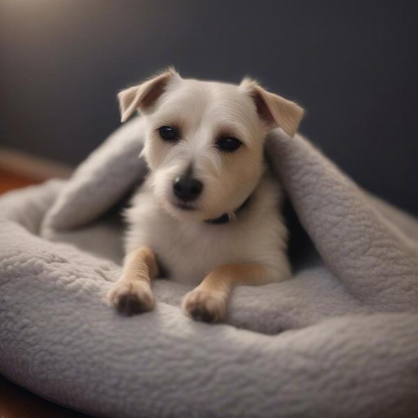 A sleeping dog curled up in bed