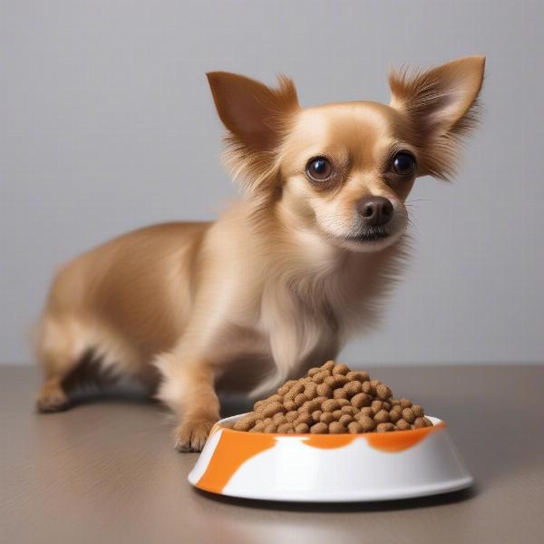 A small breed dog enjoying its kibble