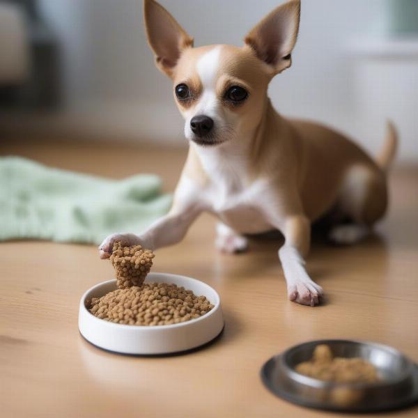 Small breed dog eating kibble from a bowl.