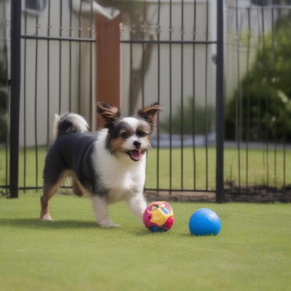 Small dog playing in a fenced yard