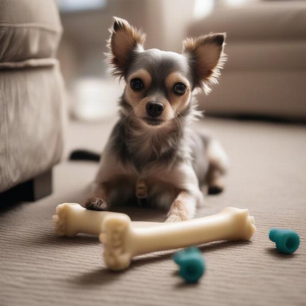 Small Dog Safely Playing With a Chew Toy Under Supervision