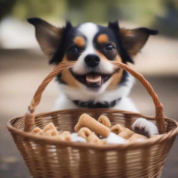 Small dog wearing a muzzle happily eating a treat