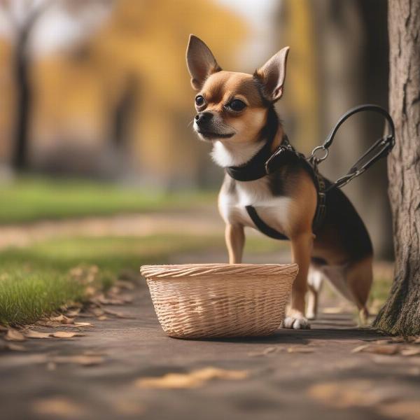 Small dog wearing muzzle on a walk