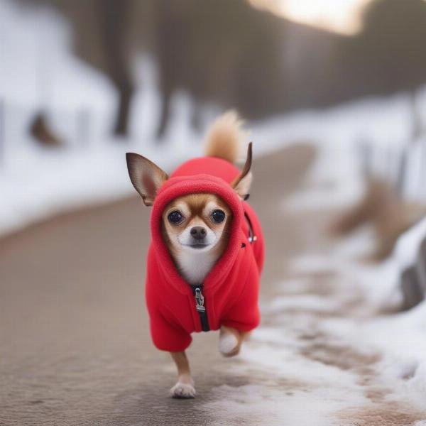 Small dog wearing a onesie on a winter walk