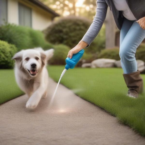 Snake repellent being sprayed in a yard with a dog nearby