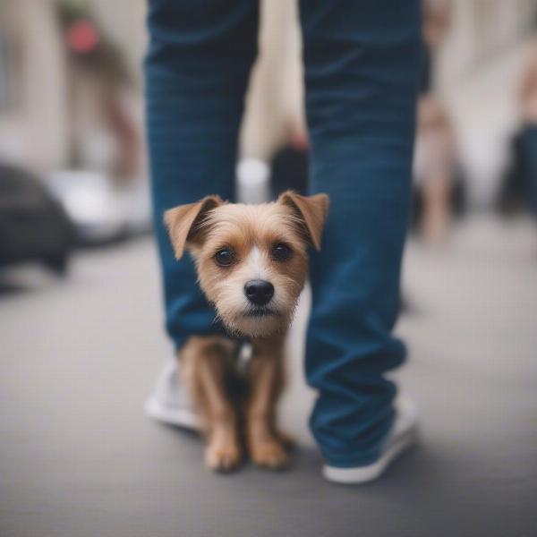 Soft dog hiding behind its owner