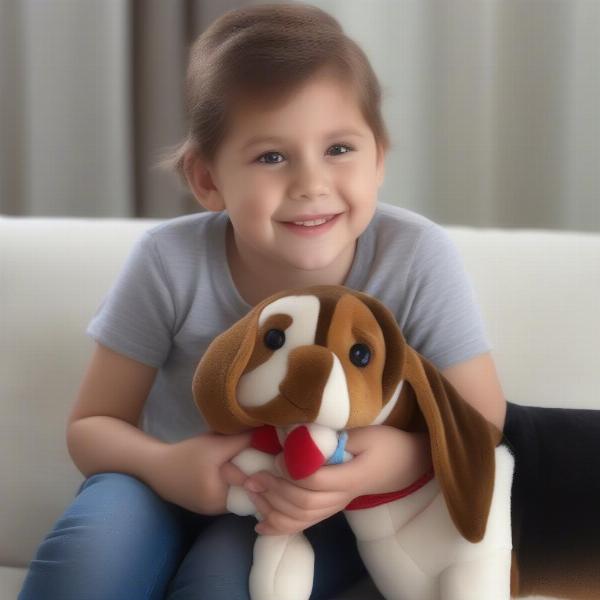 Soft toy beagle dog cuddling with a child