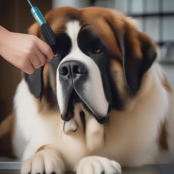 St. Bernard dog being groomed