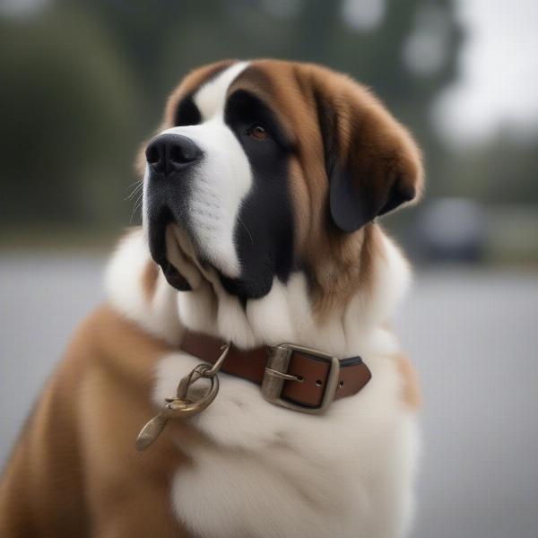 St. Bernard dog with a brown leather collar