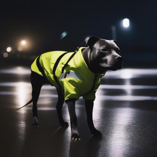 Staffordshire Bull Terrier wearing a reflective coat at night