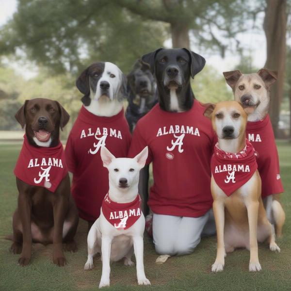 Dogs wearing different styles of Alabama shirts